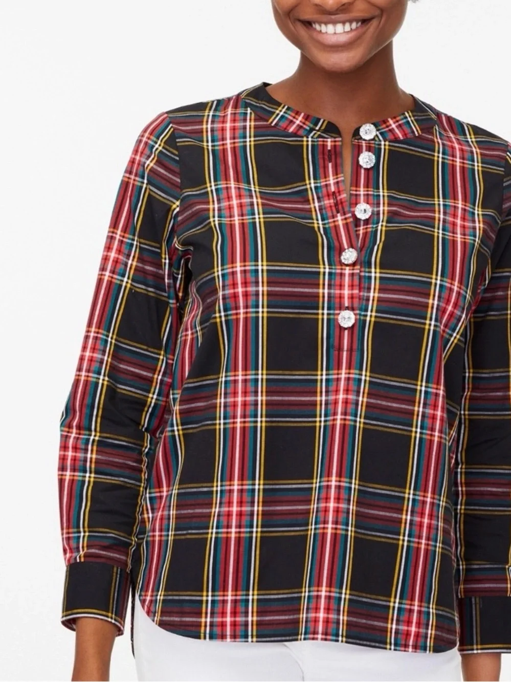 J.Crew Women Plaid Ruffle Stewart Tartan Cotton Top Jewel Button Size 10 Black